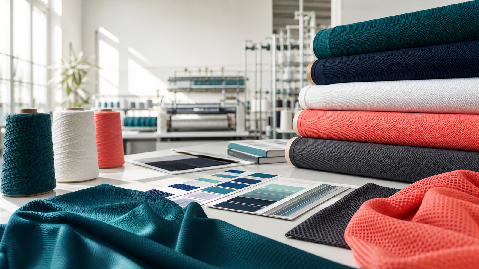 Swimwear fabric rolls, yarn cones, and color swatches in a clean factory studio